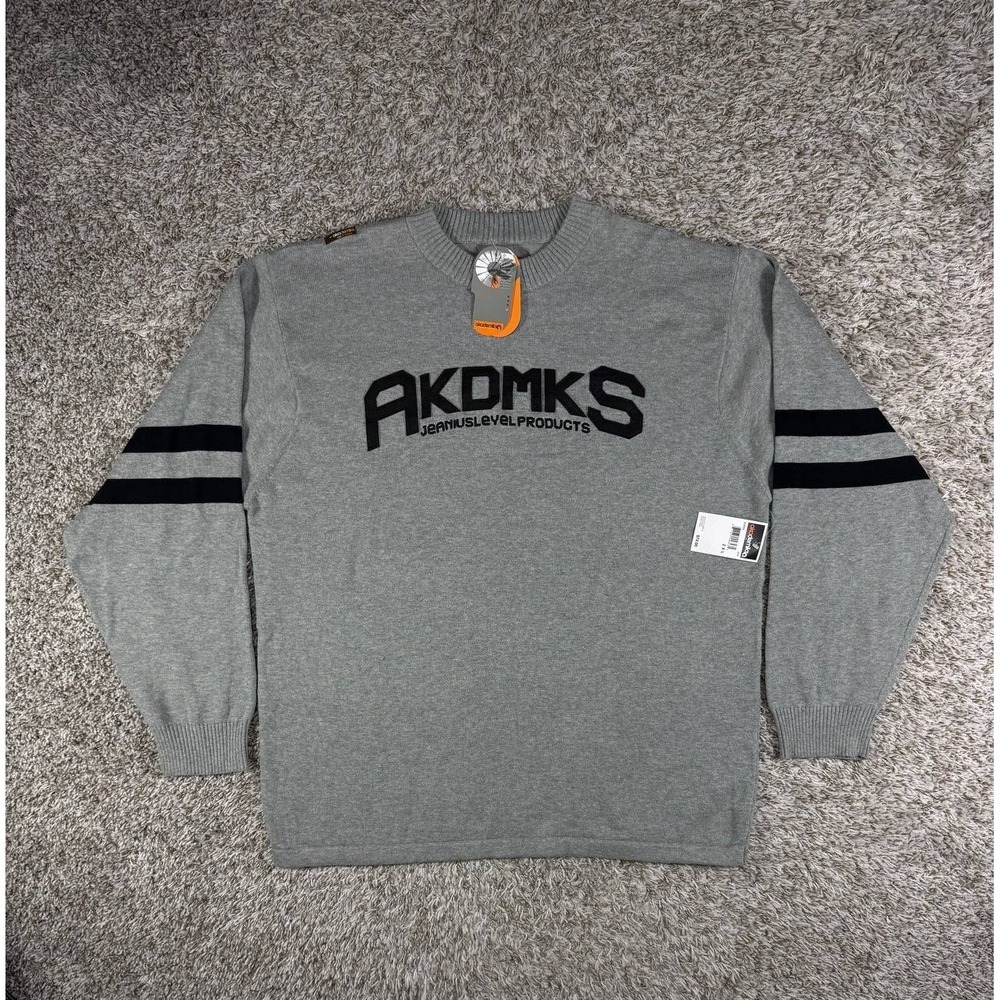 Vintage Akademiks Knit Sweater Y2K Crewneck Black Logo Striped Sleeves Size 2XL